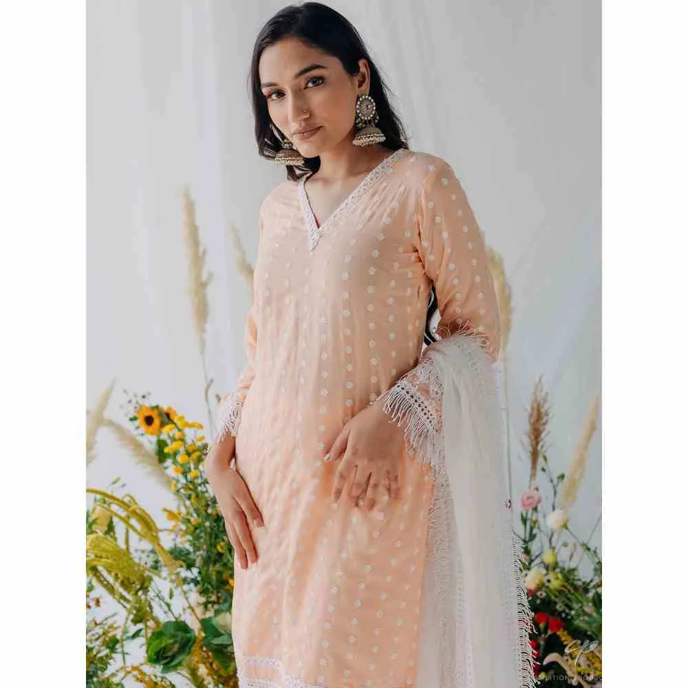 Old Marigold Sadia Peach Mulmul Kurta with Dupatta (Set of 3)