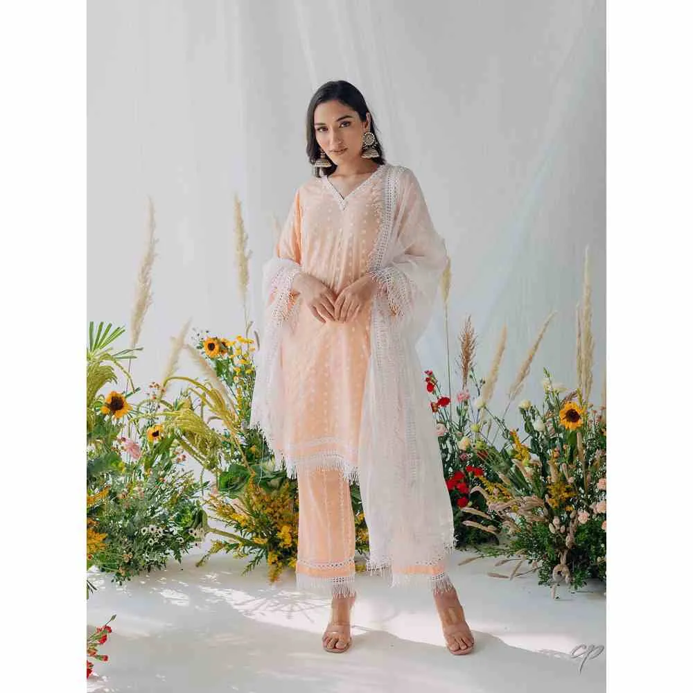 Old Marigold Sadia Peach Mulmul Kurta with Dupatta (Set of 3)