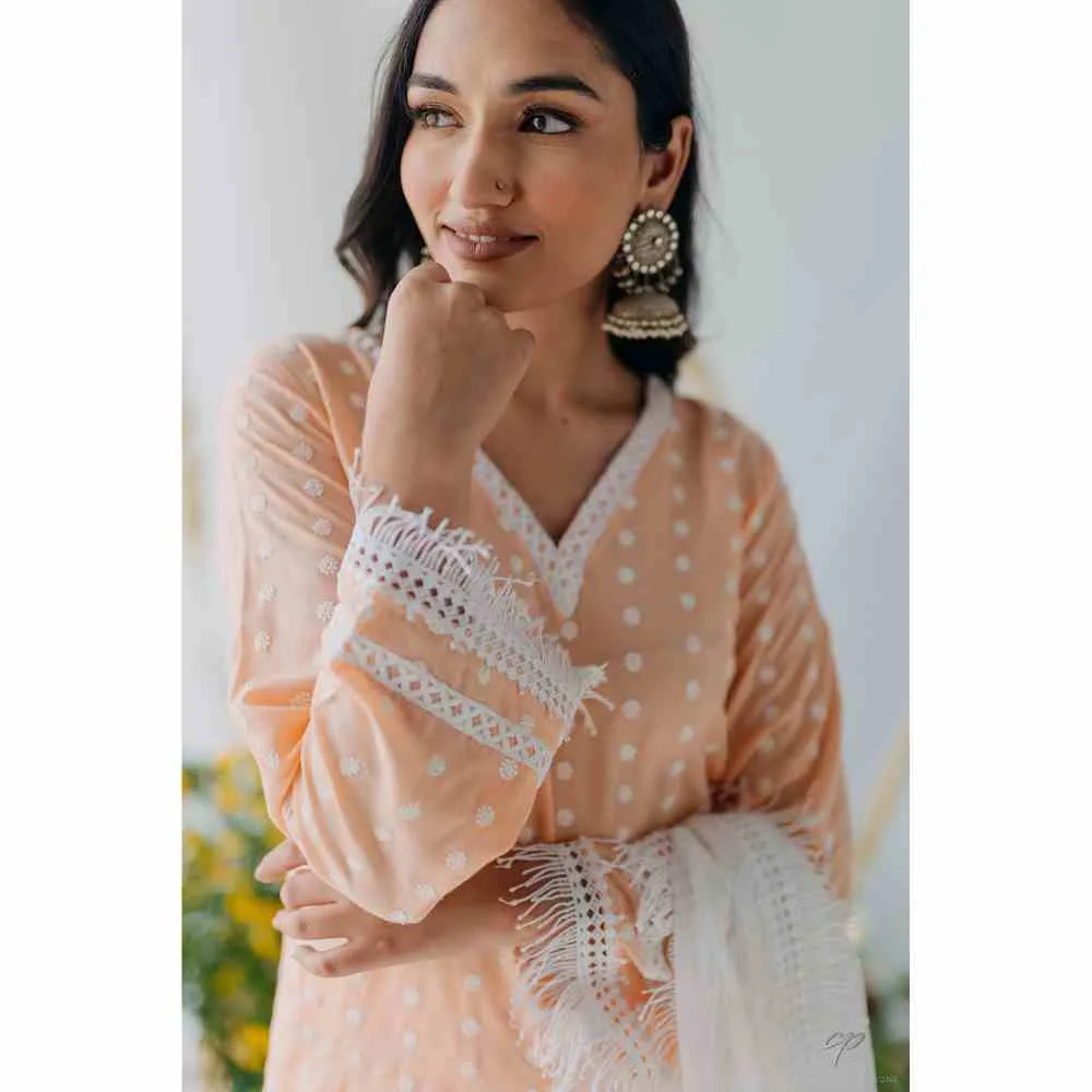 Old Marigold Sadia Peach Mulmul Kurta with Dupatta (Set of 3)