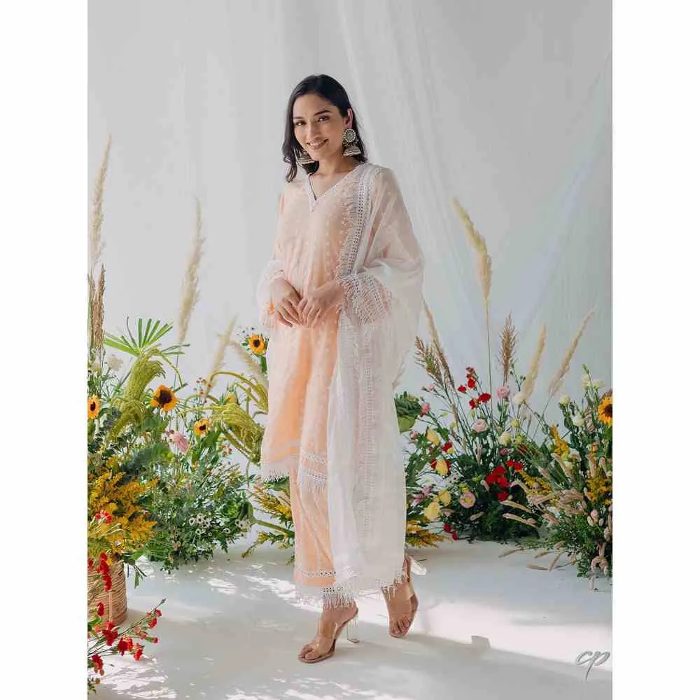 Old Marigold Sadia Peach Mulmul Kurta with Dupatta (Set of 3)