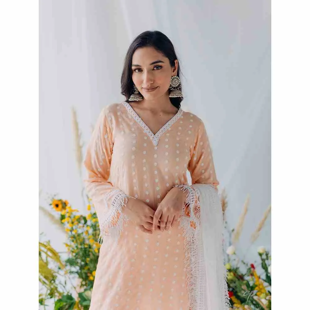 Old Marigold Sadia Peach Mulmul Kurta with Dupatta (Set of 3)