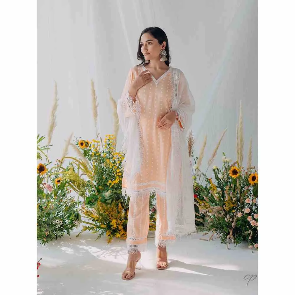 Old Marigold Sadia Peach Mulmul Kurta with Dupatta (Set of 3)