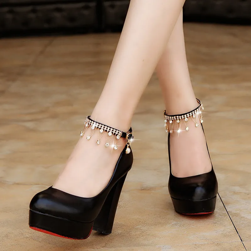 PU Crystal Chunky Heel Round Toe High Heels