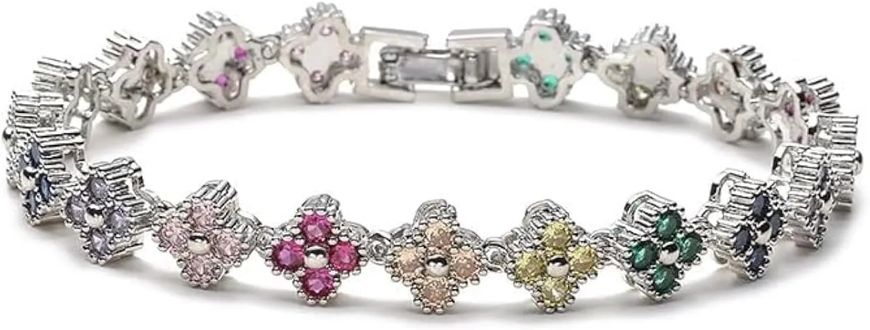 Rainbow & Clover Zircon Unisex Bracelet, Crystal Flower Design, Fashion-Forward Accessory