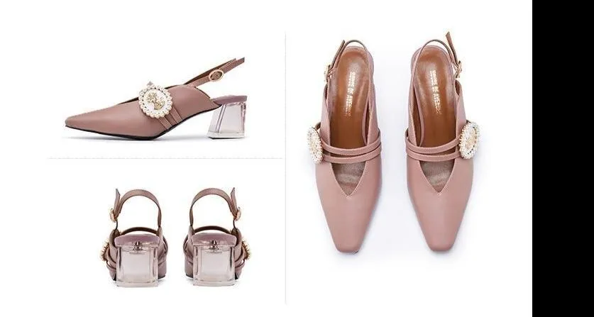 Spring new retro square head female transparent heel high heels - Luna