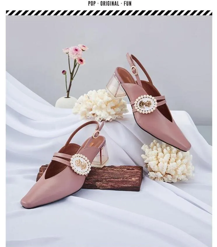 Spring new retro square head female transparent heel high heels - Luna