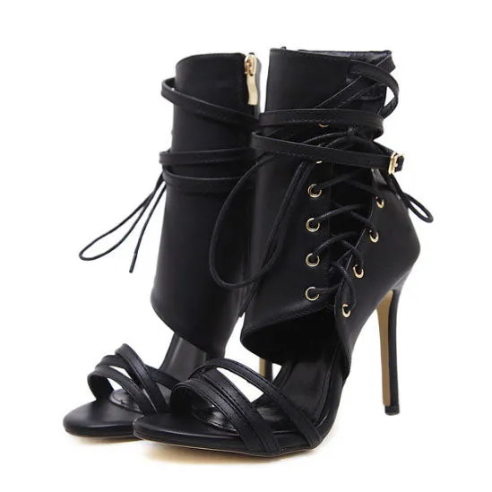 Straps Side Zipper PU Open-toe Stiletto High Heels Sandals