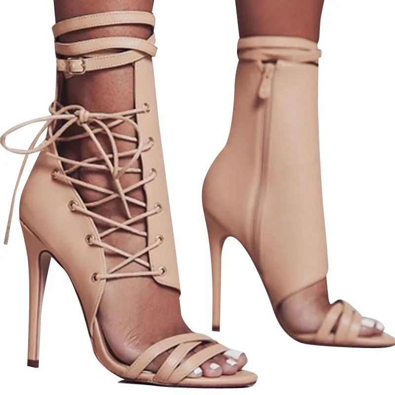 Straps Side Zipper PU Open-toe Stiletto High Heels Sandals
