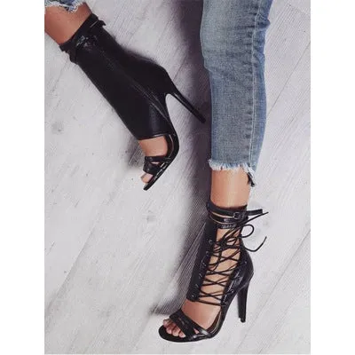 Straps Side Zipper PU Open-toe Stiletto High Heels Sandals