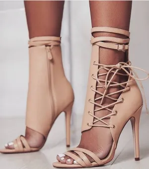 Straps Side Zipper PU Open-toe Stiletto High Heels Sandals