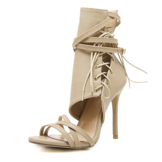 Straps Side Zipper PU Open-toe Stiletto High Heels Sandals