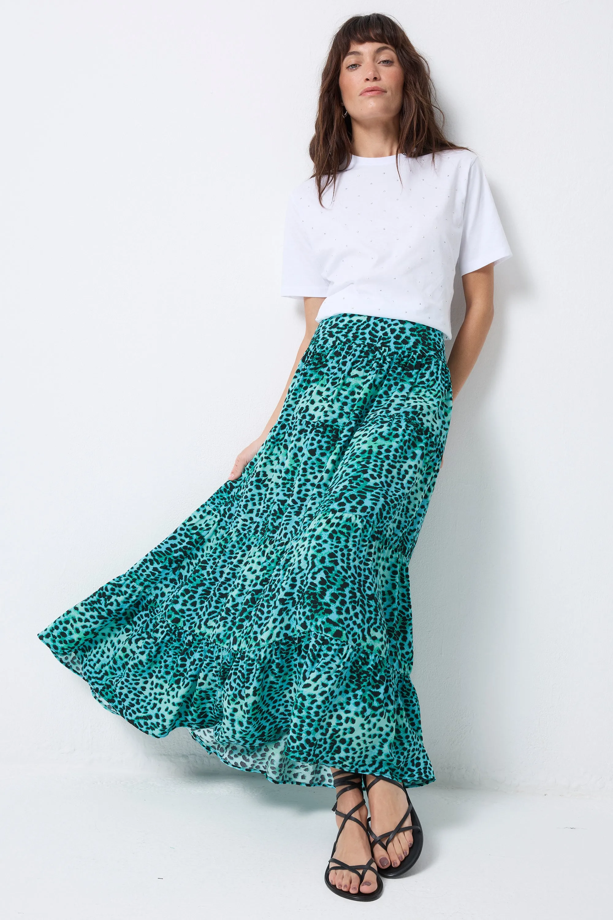 Turquoise with Black Leopard Maxi Skirt