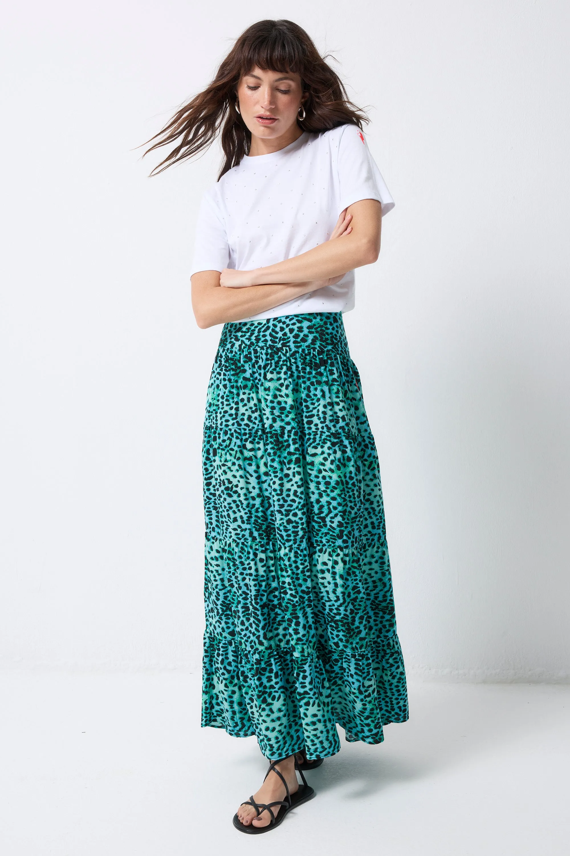 Turquoise with Black Leopard Maxi Skirt