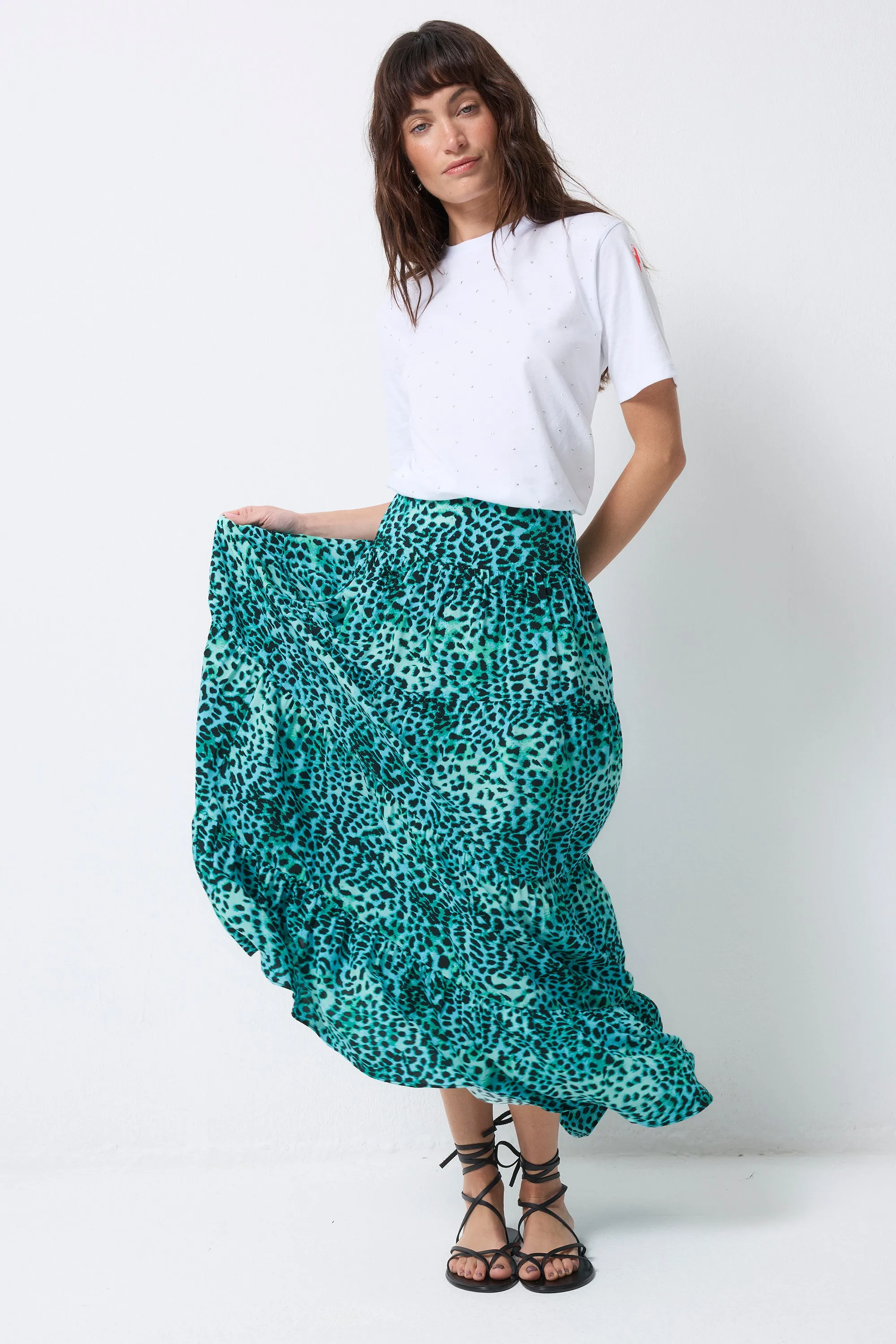 Turquoise with Black Leopard Maxi Skirt