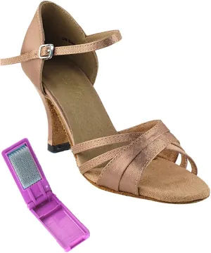 Very Fine Dance Shoes - Ladies Latin, Rhythm, Salsa, Waltz Ballroom Dance Shoes - 6030-2.5-inch Heel and Foldable Brush Bundle - Brown Satin - 8