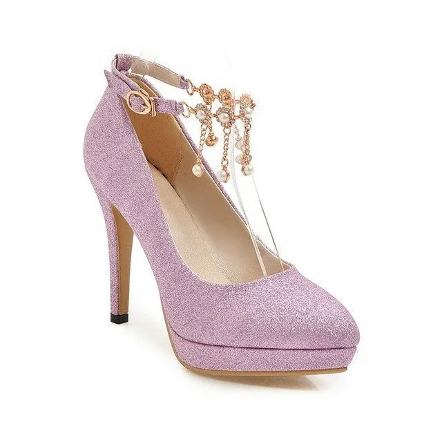 Women Bridal Shoes Super High Heels Pumps String Bead Ankle Strap Platform