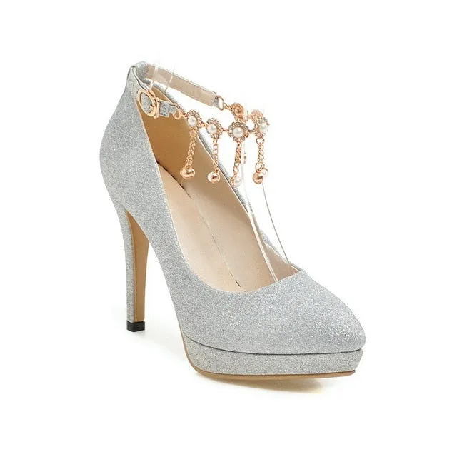Women Bridal Shoes Super High Heels Pumps String Bead Ankle Strap Platform