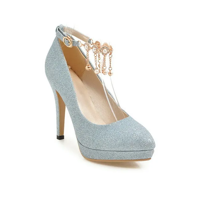 Women Bridal Shoes Super High Heels Pumps String Bead Ankle Strap Platform
