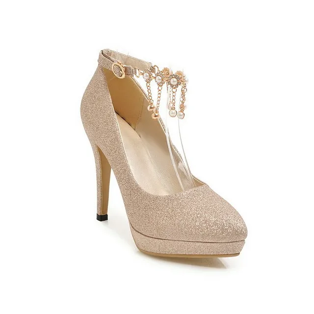 Women Bridal Shoes Super High Heels Pumps String Bead Ankle Strap Platform